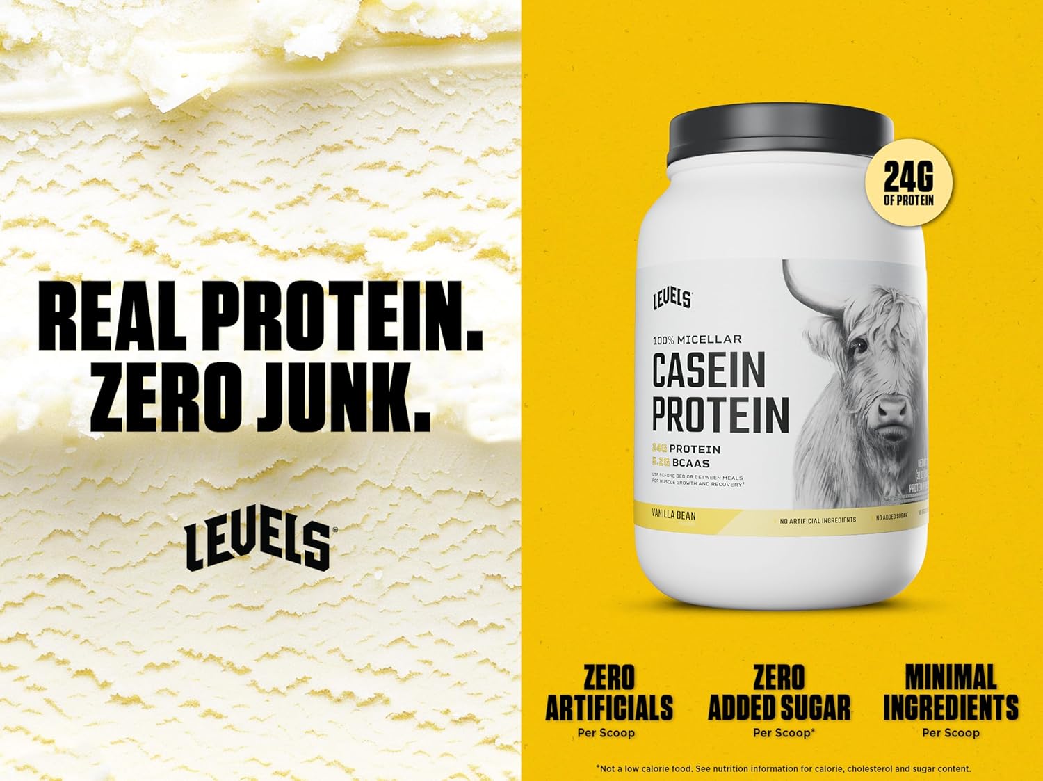 Levels 100% Micellar Casein Protein, Hormone Free, Vanilla Bean, 2LB