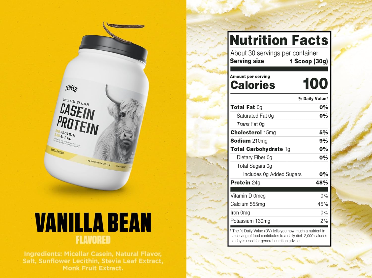 Levels 100% Micellar Casein Protein, Hormone Free, Vanilla Bean, 2LB
