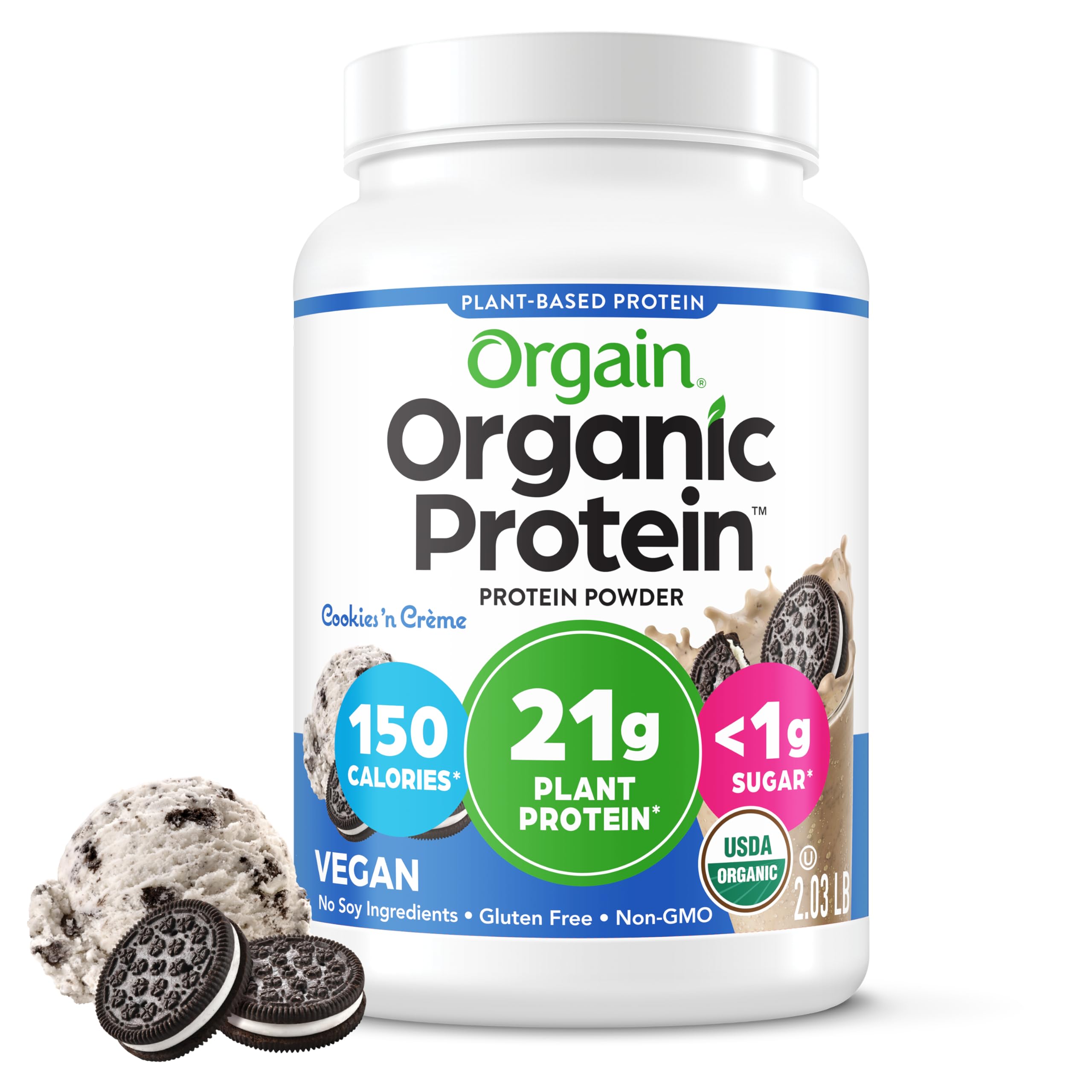 Orgain Organic Vegan Protein Powder, Creamy Chocolate Fudge - 21g Plant Protein, 6g Prebiotic Fiber, Low Net Carb, No Lactose Ingredients, No Added Sugar, Non-GMO, For Shakes & Smoothies, 2.03 lb