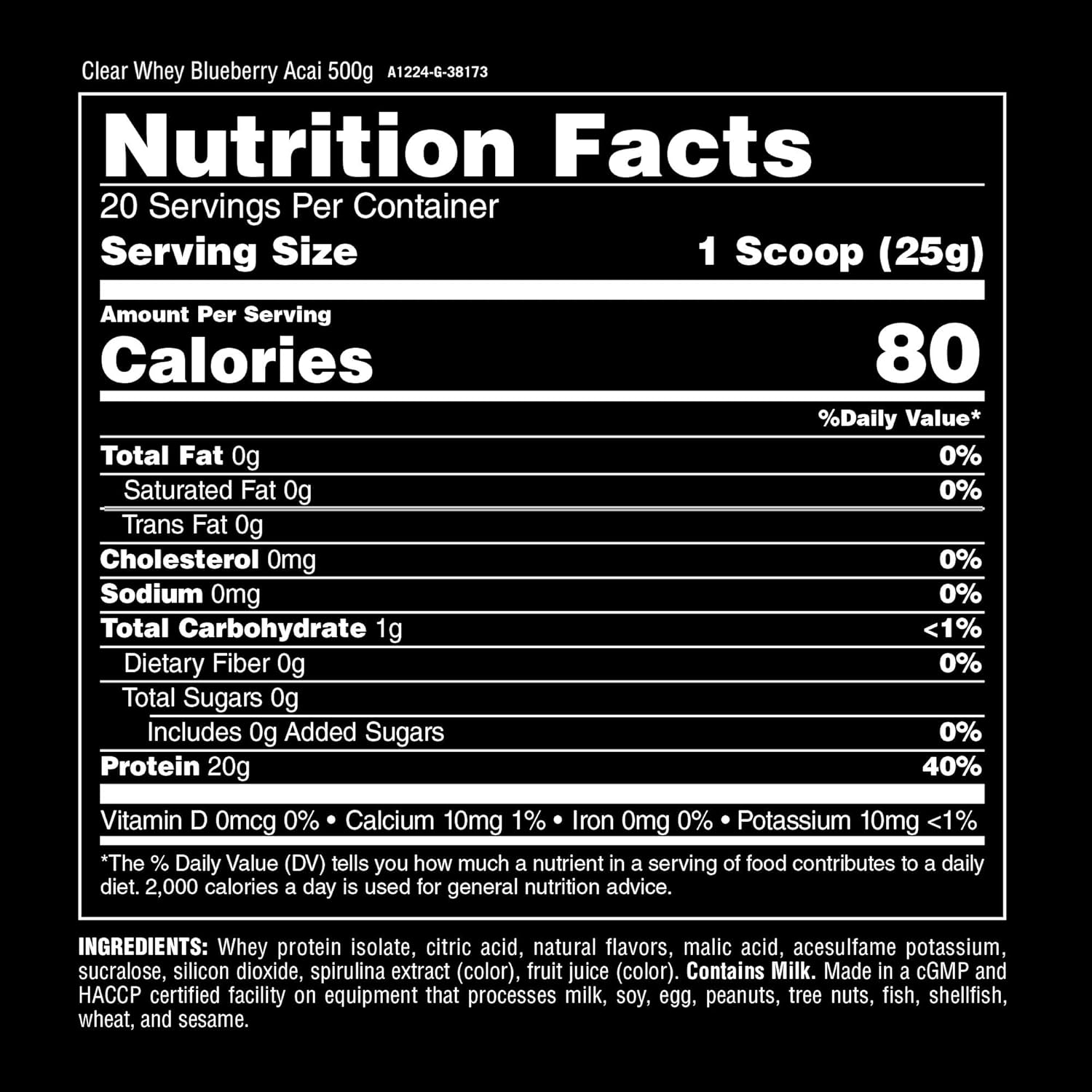 Clear Whey Isolate Protein Powder - Easy to Digest and Mix, 5g BCAA, Deliciously Juicy, Refreshing Anytime Drink for Men and Women, Blueberry Acai 500g (20 Servings)