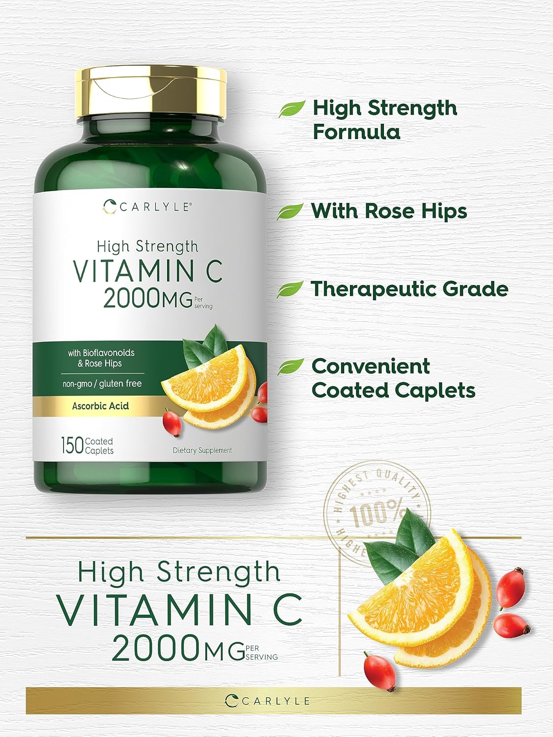 Carlyle Vitamin C 2000mg | with Rose HIPS | 150 Caplets | Vegetarian, Non-GMO, Gluten Free Supplement