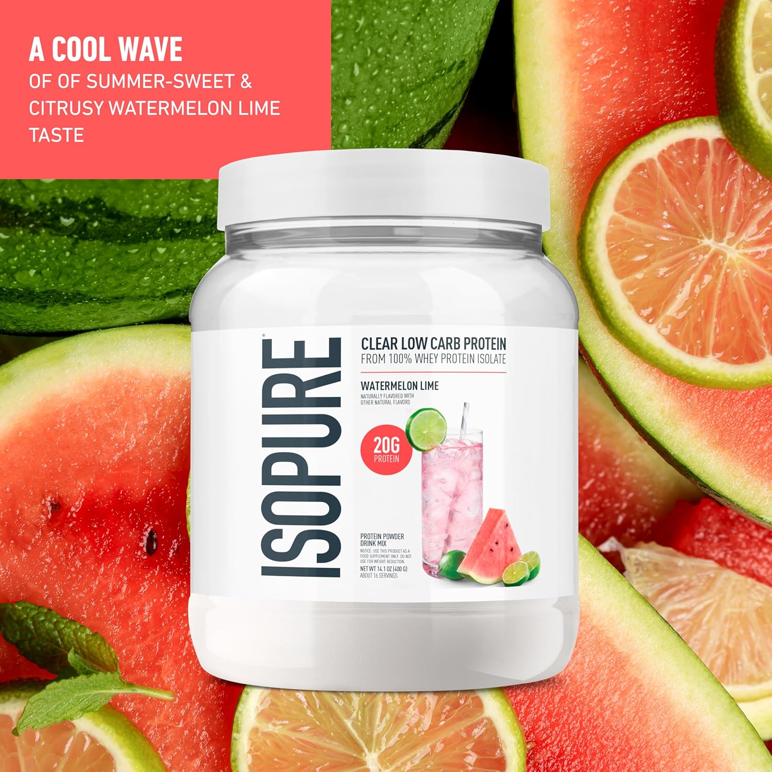 Isopure Clear Whey Isolate Protein Powder, Lactose Free, Gluten Free, Naturally Flavored, Watermelon Lime, 20g Protein Per Serving, 14.1 Oz, 16 Servings (Packaging May Vary)