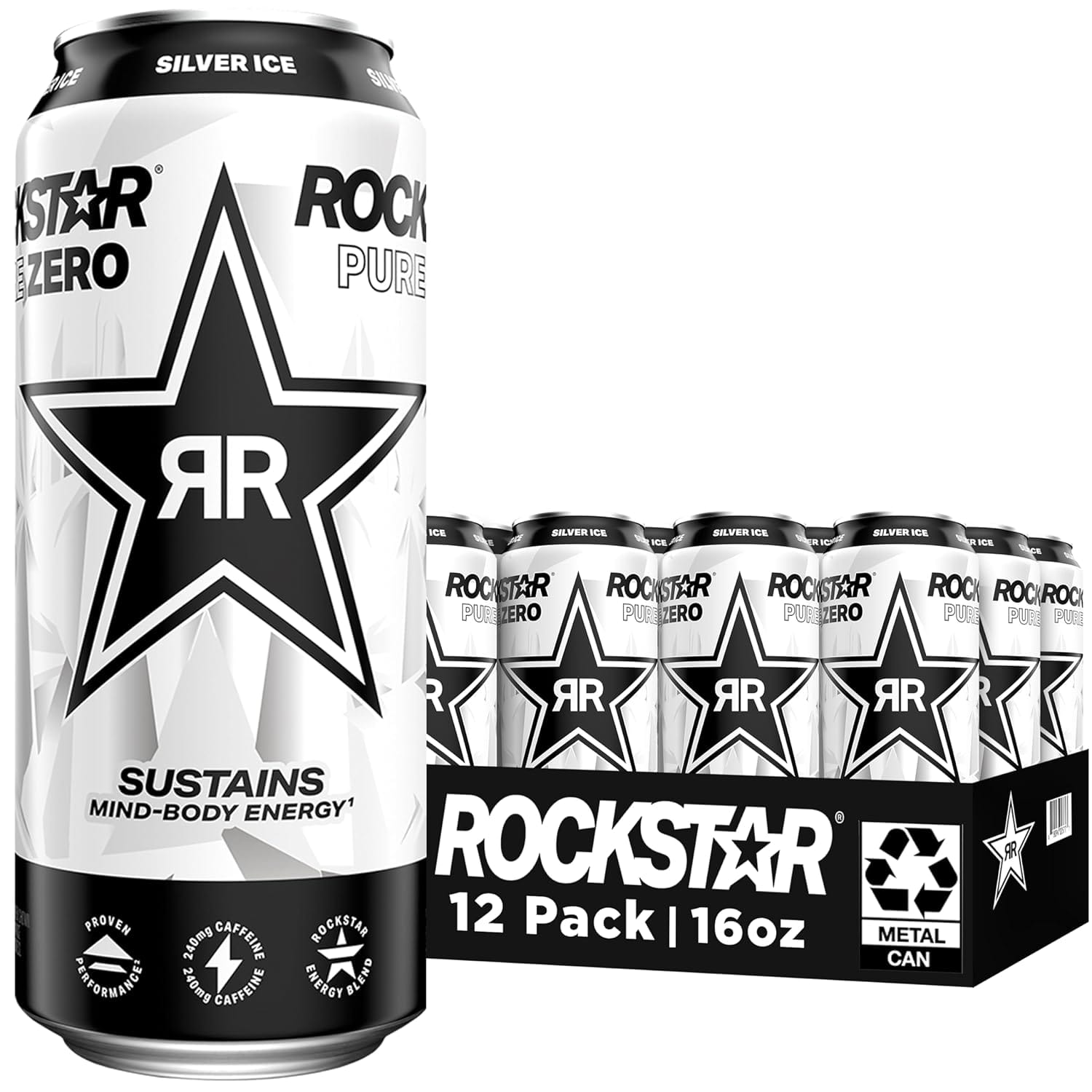 Rockstar Pure Zero Energy Drink, Silver Ice, latas de 16 onzas (paquete de 12)