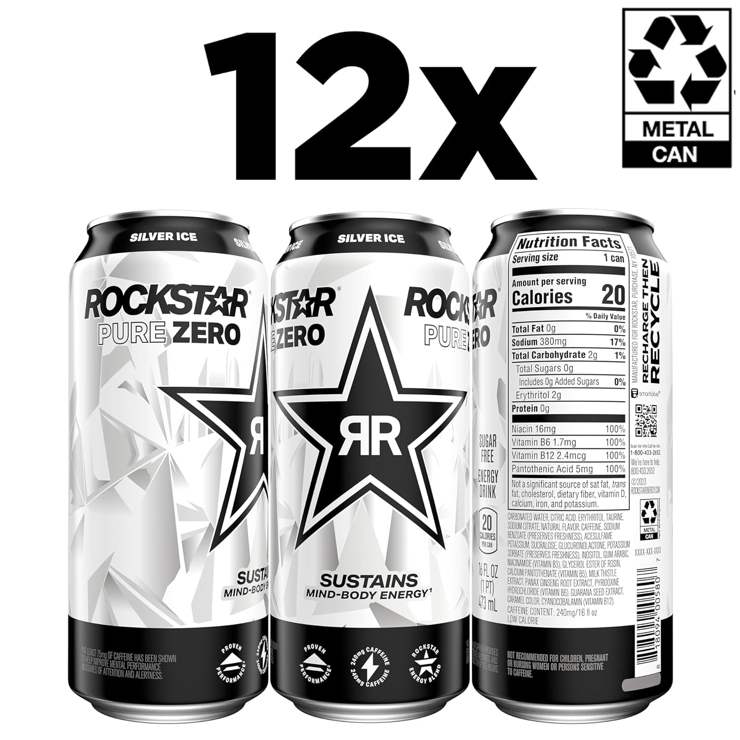 Rockstar Pure Zero Energy Drink, Silver Ice, latas de 16 onzas (paquete de 12)