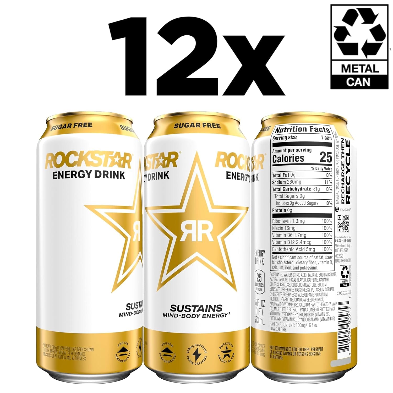 Rockstar bebida energética sin azúcar, latas de 16 onzas (paquete de 12)