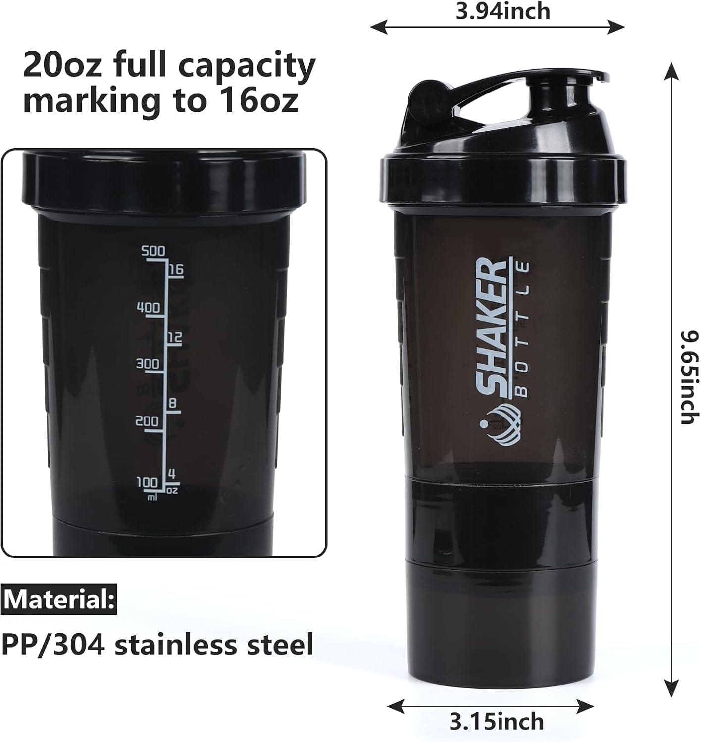 Botella coctelera de proteínas, botella de agua deportiva - 16 Onzas